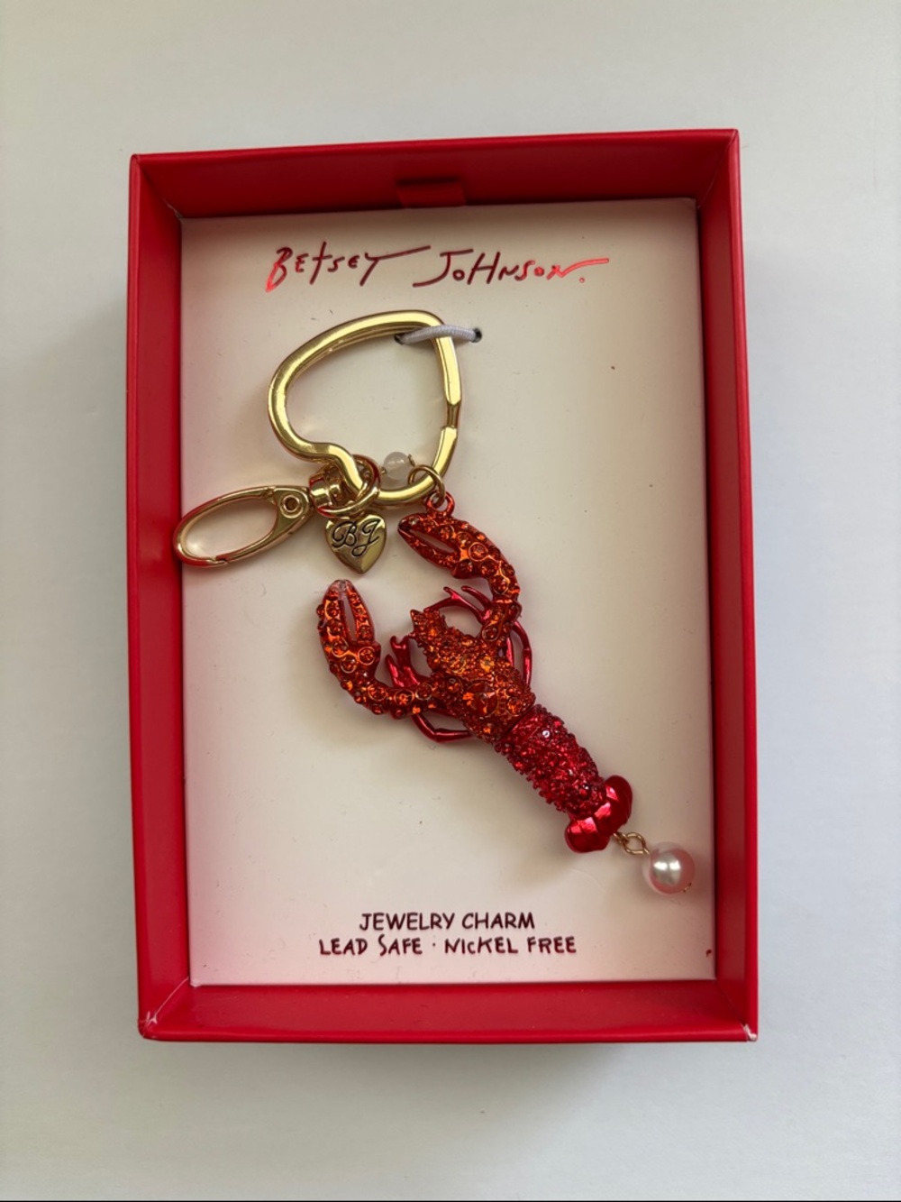 ☀️Betsey Johnson Red Glitter Lobster Key Charm with Pearl